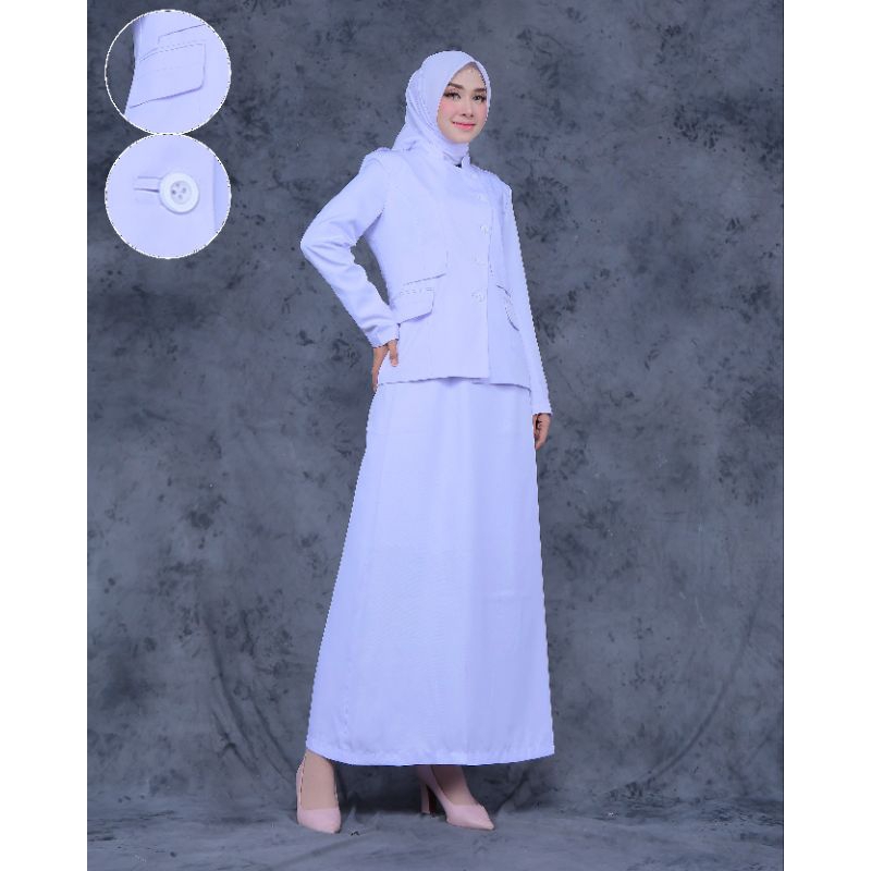 SERAGAM  PERAWAT PUTIH KANTONG DOUBLE SET ROK A PUTIH  / SET CELANA PUTIH/ SET ROK SPAN PUTIH BAHAN  KATUN  FREE. HIJAB