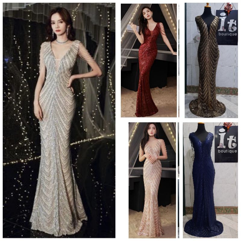 Longdress sequin rosegold maroon hitam - gaun pesta premium WS12