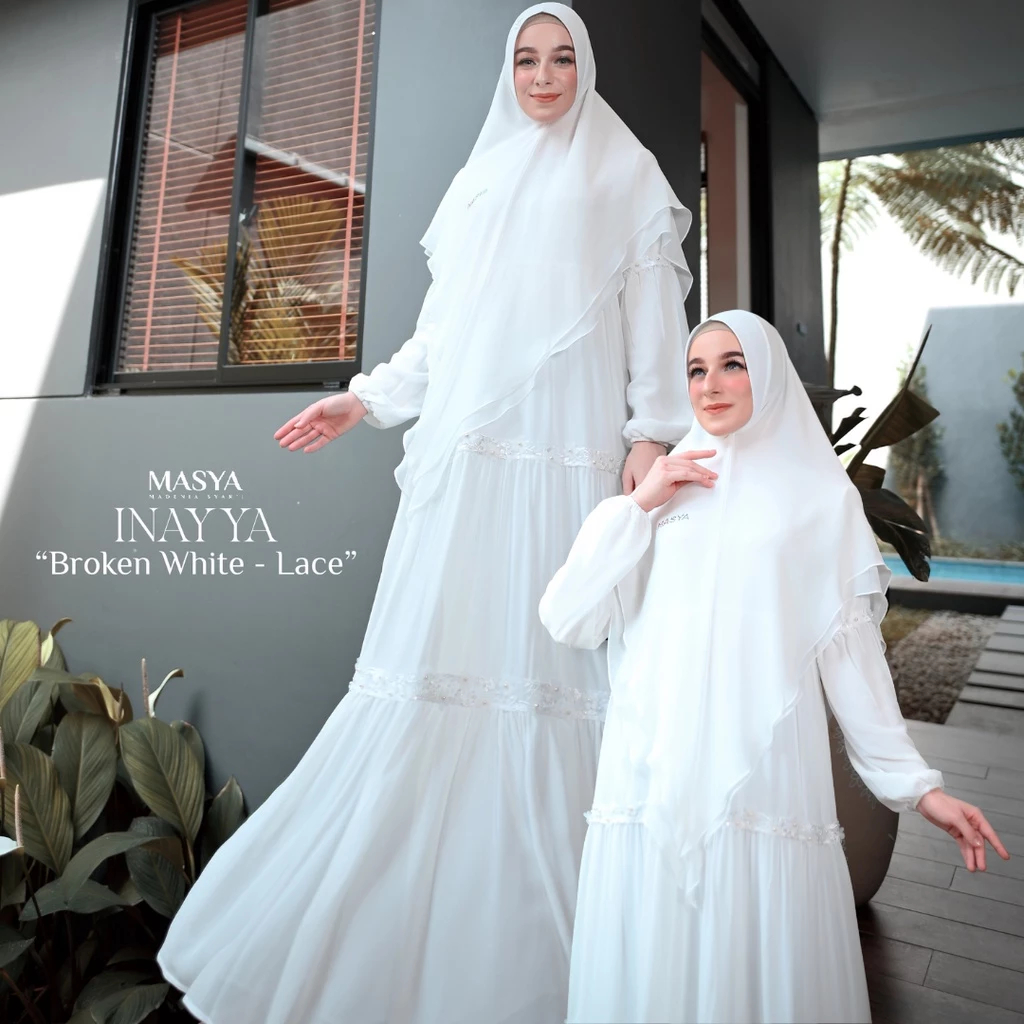 Set Gamis Dress Busui Friendly Ceruty Babydoll Premium Syari Branded Warna Putih Tulang - Broken Whi