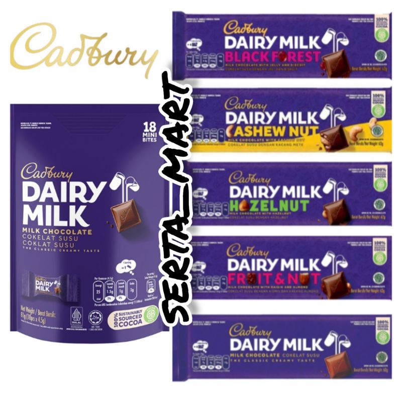 

Cadbury Dairy Milk Chocolate 62gr - Cokelat Cadbury Pouch 81gr - Fruit Nut / Cashew Nut