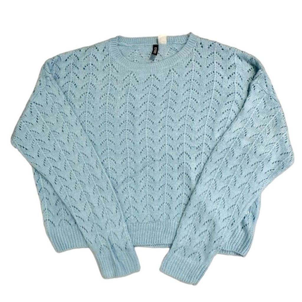 H&M Soft Sweater Oversized | Light blue eyelet fuzzy soft wool bulu fur mohair sweatshirt big size c