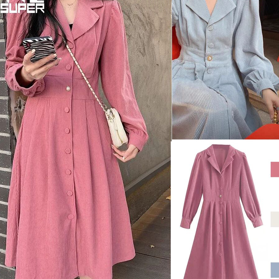 MKKV9361 COD Gaun korduroi Prancis lengan panjang setelan retro kerah pinggang rok panjang sedang