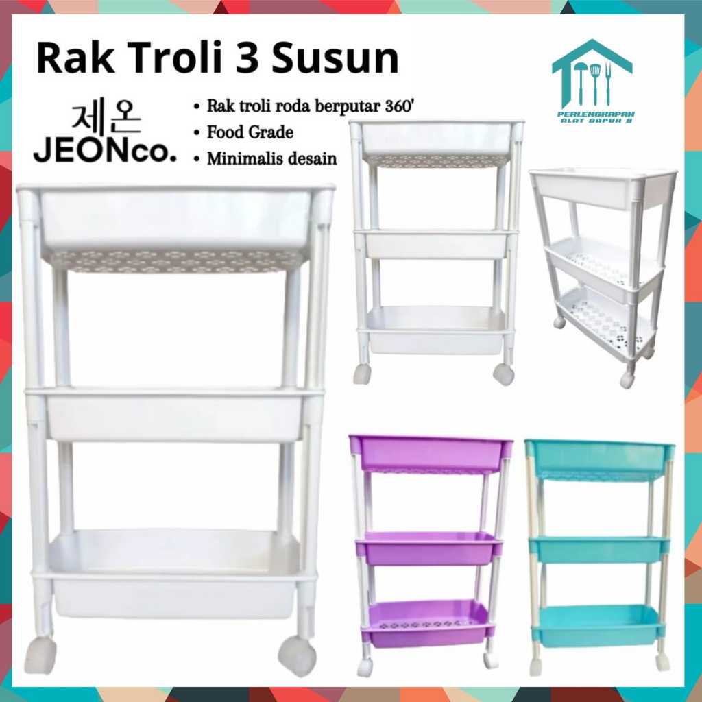 RAK TROLI RODA 3 SUSUN / RAK TROLY RODA JEON 3 SUSUN / RAK PLASTIK SERBAGUNA PLUS RODA MURAH