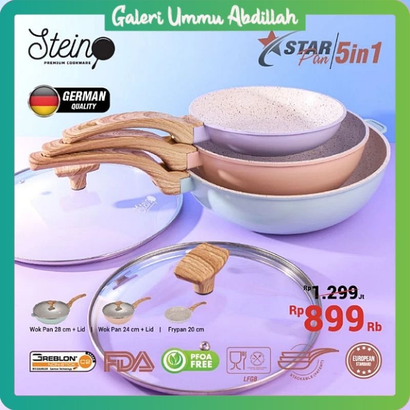 Stein Steincookware Starpan 5 in 1 Star Pan Stein Frypan 20 Wok Pan 24 Wok Pan 28 + 2 Tutup Star Pan