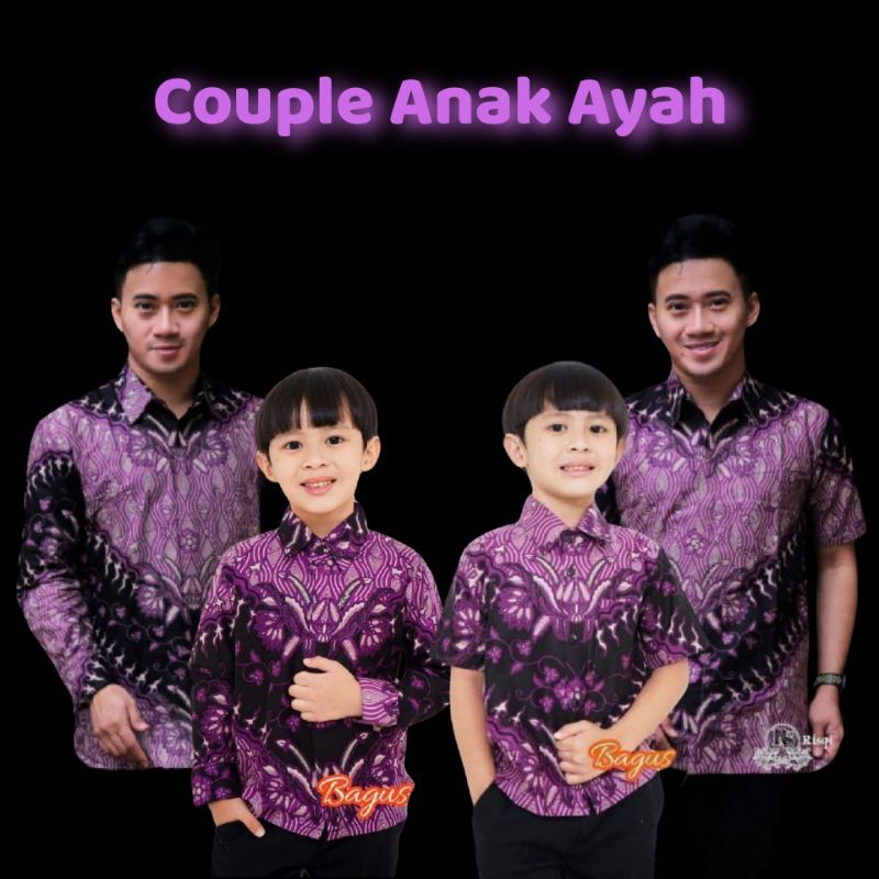 Baju Couple Anak Ayah Kemeja Batik Pria Motif Keris Ungu