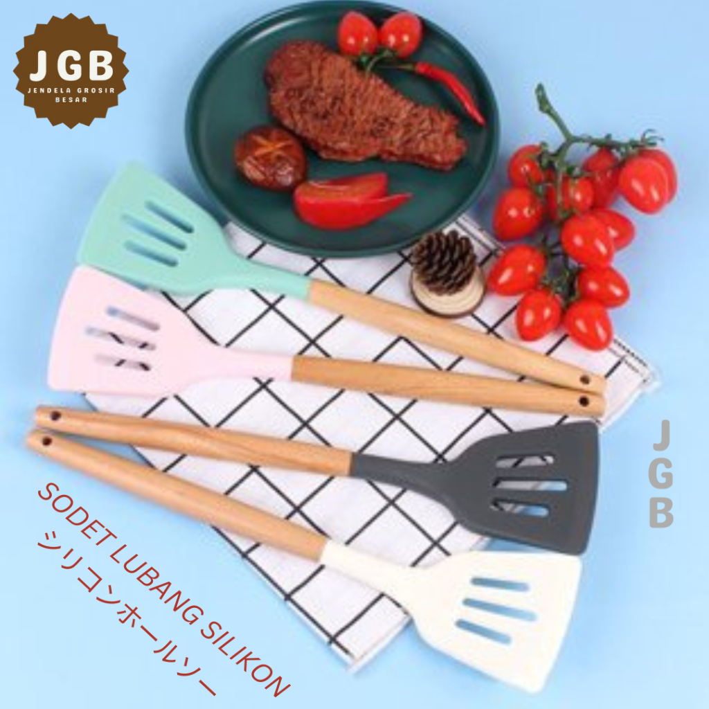 SODET LUBANG SILIKON GAGANG KAYU - LEAK SPATULA WOODEN HANDLE - SODET LUBANG SILIKON