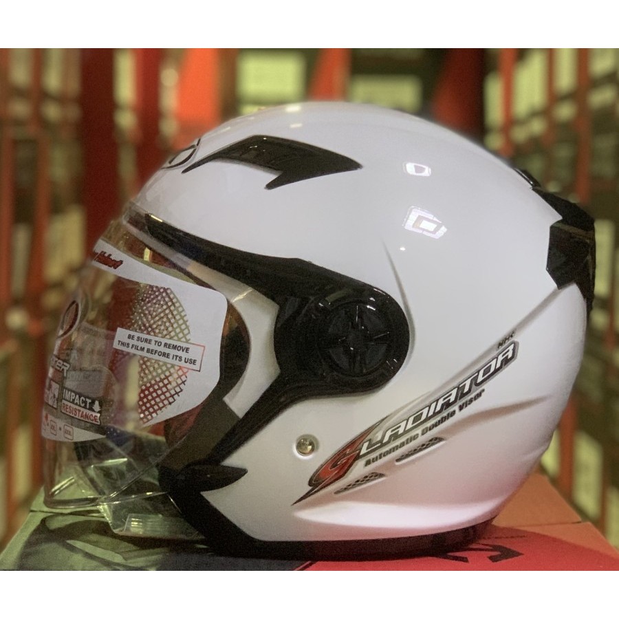 Helm NHK Gladiator Solid White Putih Glossy Double Visor Half Face - Helem Motor SNI DOT Touring Dew