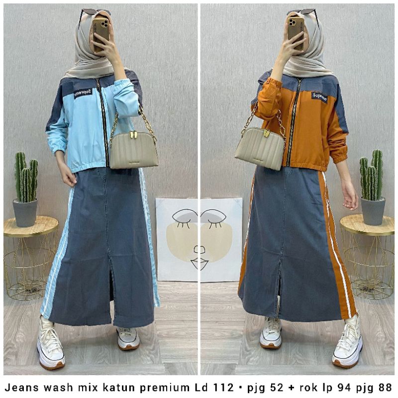 oneset jeans mix katun import fashion wanita modern