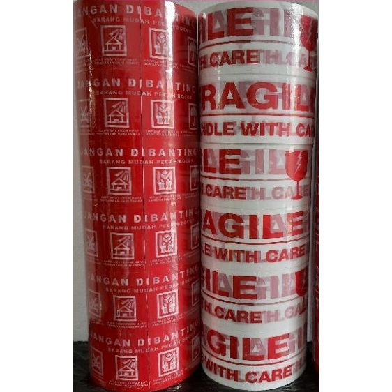 

PROMO Lakban Fragile MERAH / PUTIH 2 inch 100 Yard kualitas ekspor 1 slop isi 6 pcs