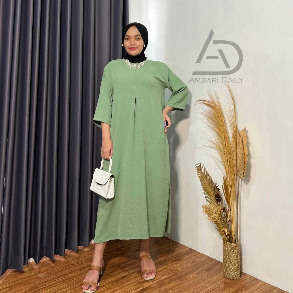 Daster Gamis Crinkle Polos Kekinian Hijau Sage Lengan Tangan 3/4 Panjang Semata Kaki Busui Jumbo LD 