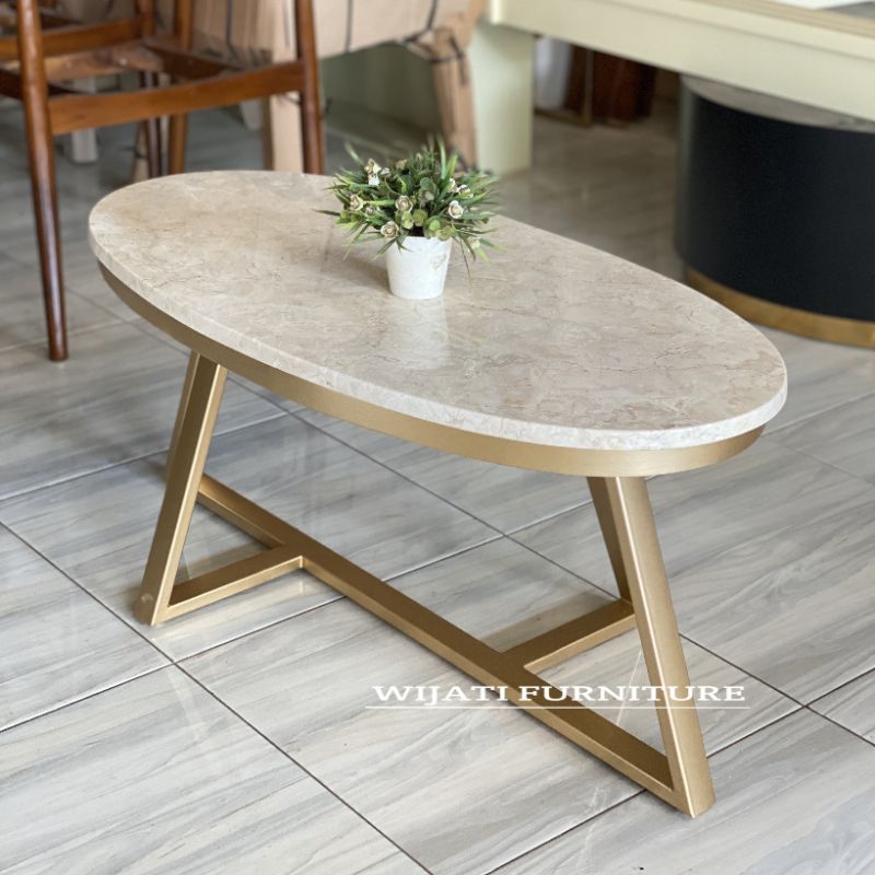 Meja Tamu Marmer Oval Coffe Table Marmer Asli Minimalis Kaki Besi