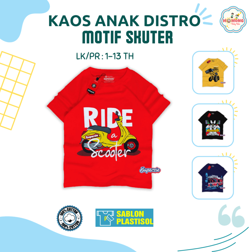 Baju Kaos Anak TShirt Atasan Distro Laki Laki Perempuan Lengan Pendek Motif Skuter Warna Merah Lucu 