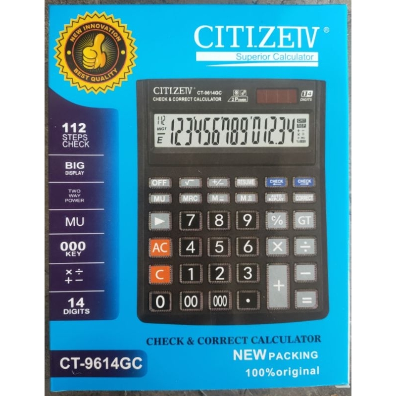 

Kalkulator Citizen 9614 Ukuran jumbo/2power energy/14 Digit/khusus(dagang/bisnis/wiraswasta)