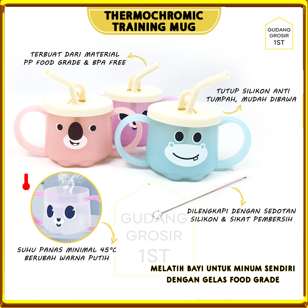 Thermochromic Training Mug | Training Cup And Straw Bayi | Silicone Baby Cup | Gelas Belajar Minum B