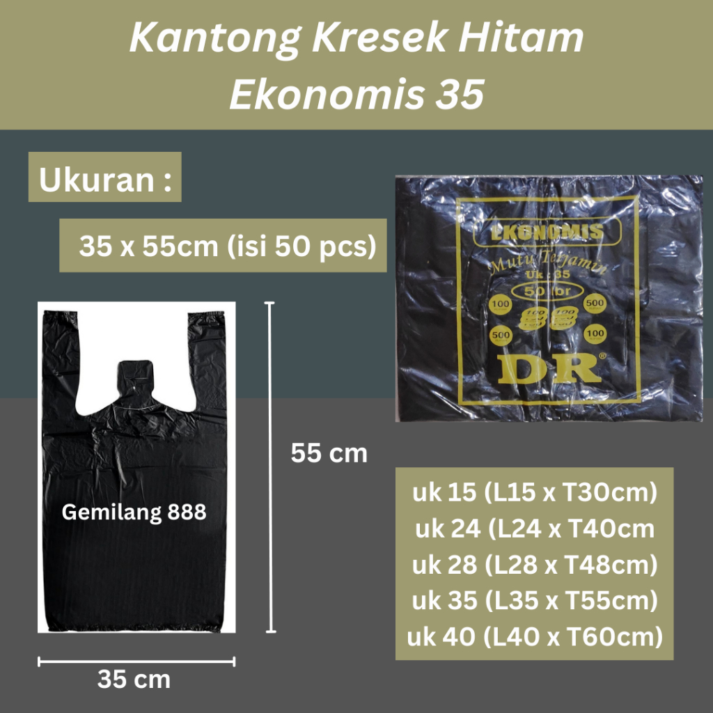 Kantong Kresek EKonomis Uk 35 isi 50 Lembar, Kantong Kresek Hitam, Plastik Hitam, Plastik Kresek