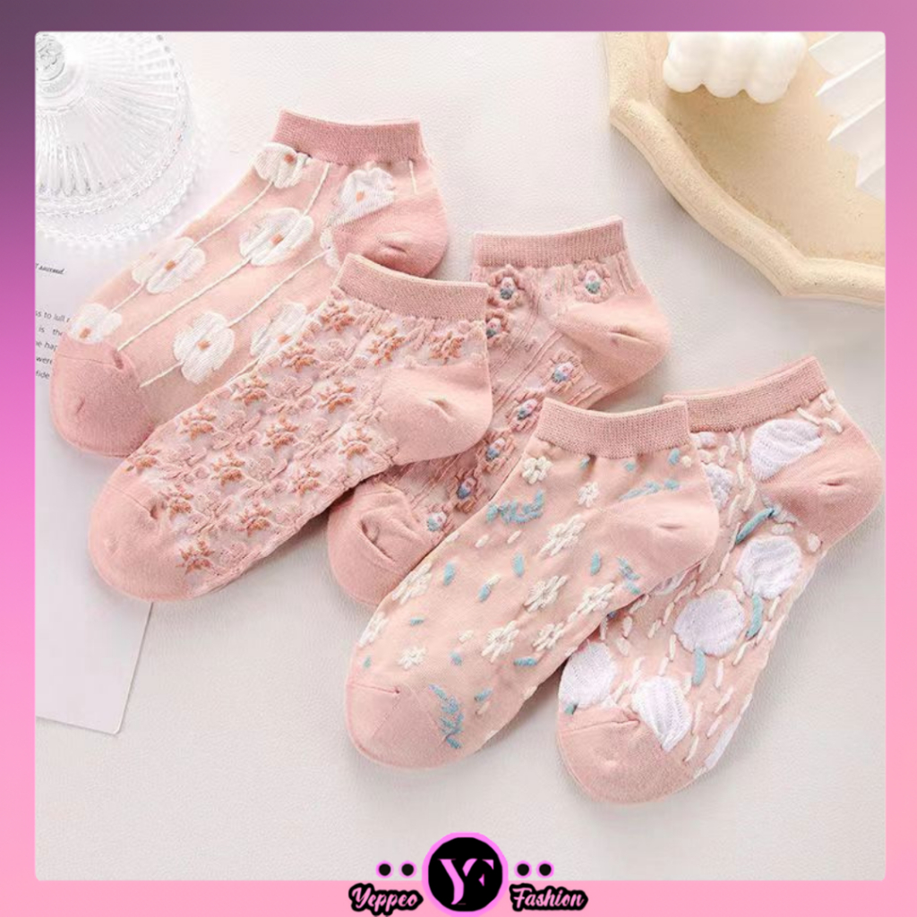 •YF•KK1434 Kaos Kaki Pendek Wanita Motif Bunga Flower Pink Semata Kaus Kaki Socks Korean Fashion