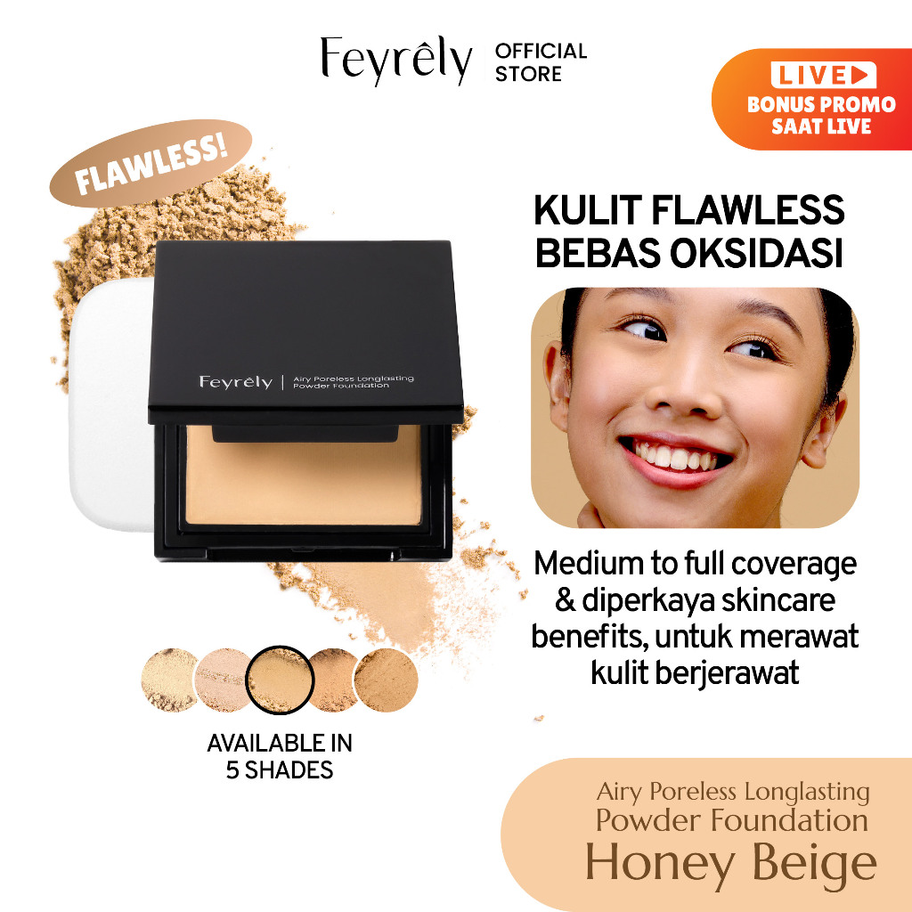 FEYRELY Airy Poreless Longlasting Powder Foundation - Honey Beige | Bedak Padat | Loose Powder | Bedak |  Two Way Cake | Bedak Tabur | Powder Foundation