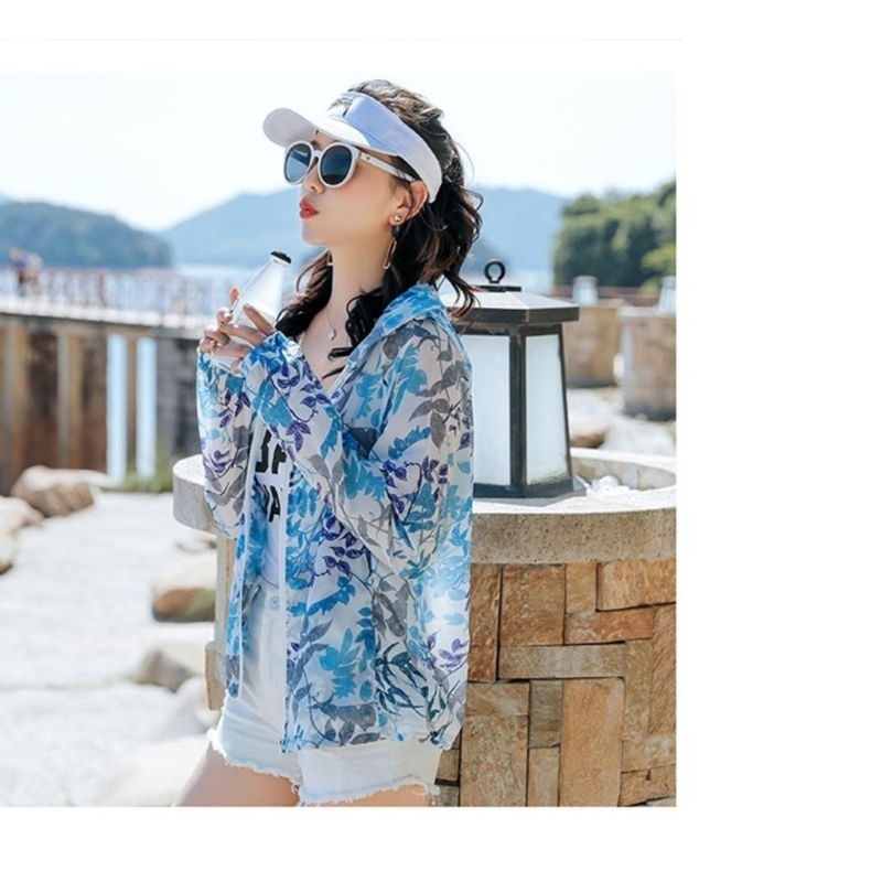 7042 Fashion atasan jaket jacket jeket bunga2 kupluk resleting zipper cantik simpel liburan santai n