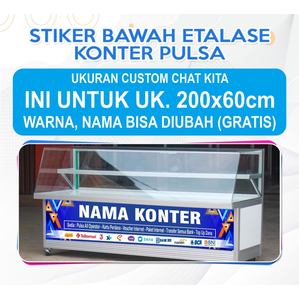 

STIKER ETALASE KONTER PULSA WARNA TAJAM ANTI LUNTUR / CUSTOM NAMA CUSTOM UKURAN BISA