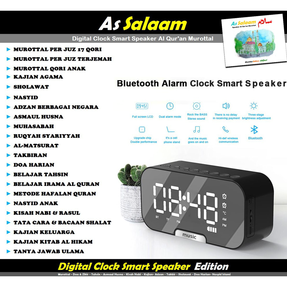 Langsung Atc.. Jam Digital Speaker Q5 Digital Clock Smart Speaker Murottal Qur'an 30 Juz Speaker Fle