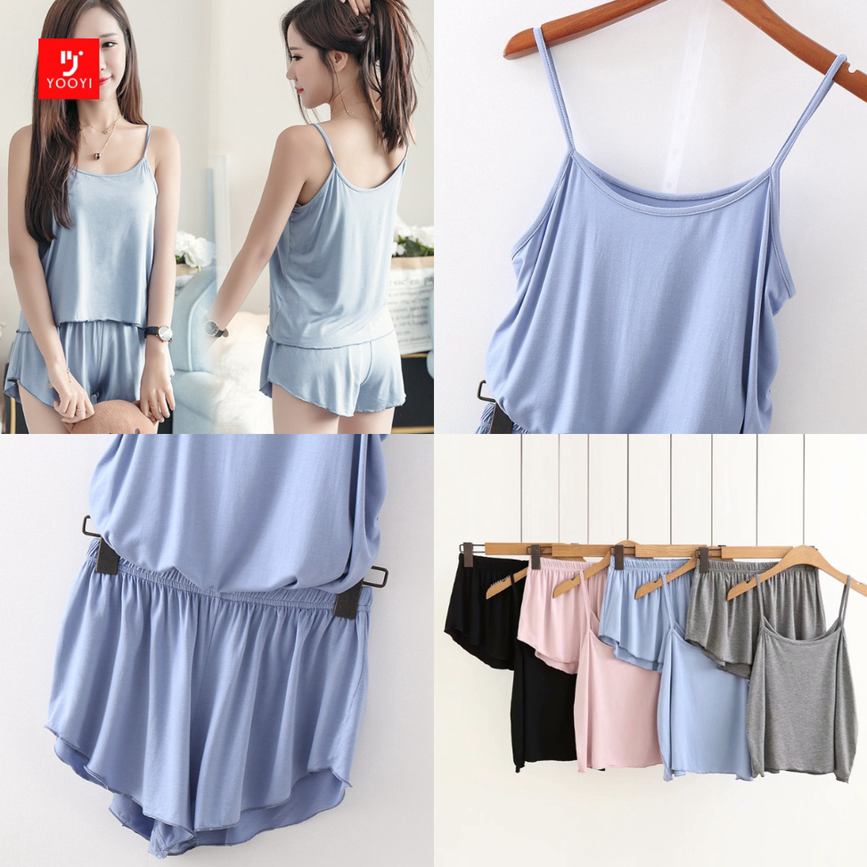 READY Yooyi Baju Tidur Set Wanita Sexy Camisole dengan Celana Pendek Piyama Wanita Kamisol Setelan K