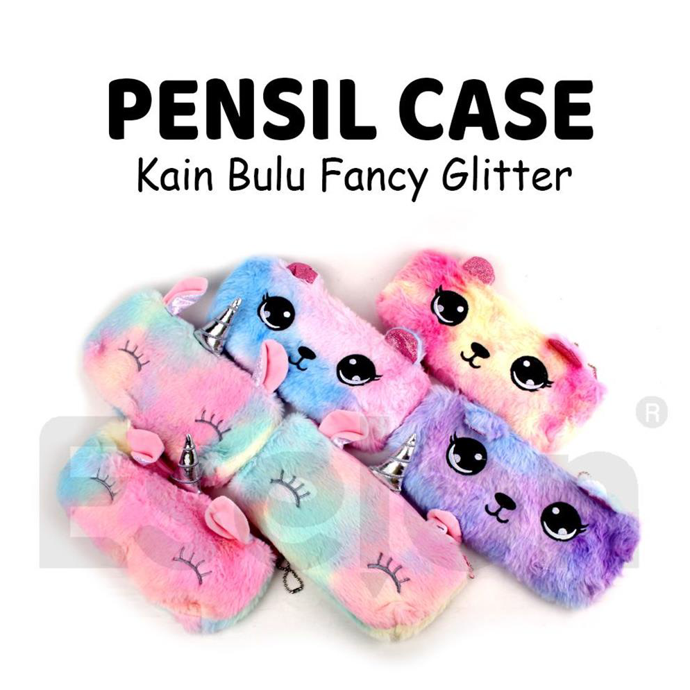 

5.5 sale Kotak Pensil Resleting BULU Kuping / Kotak Pensil Bulu Warna Rainbow