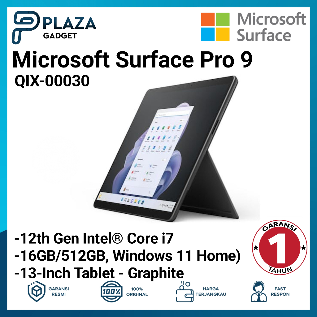 Microsoft Surface Pro 9 QIX-00030 (Intel® Core i7 Generasi ke-12, 16 GB/512 GB, Windows 11 Home) Tab