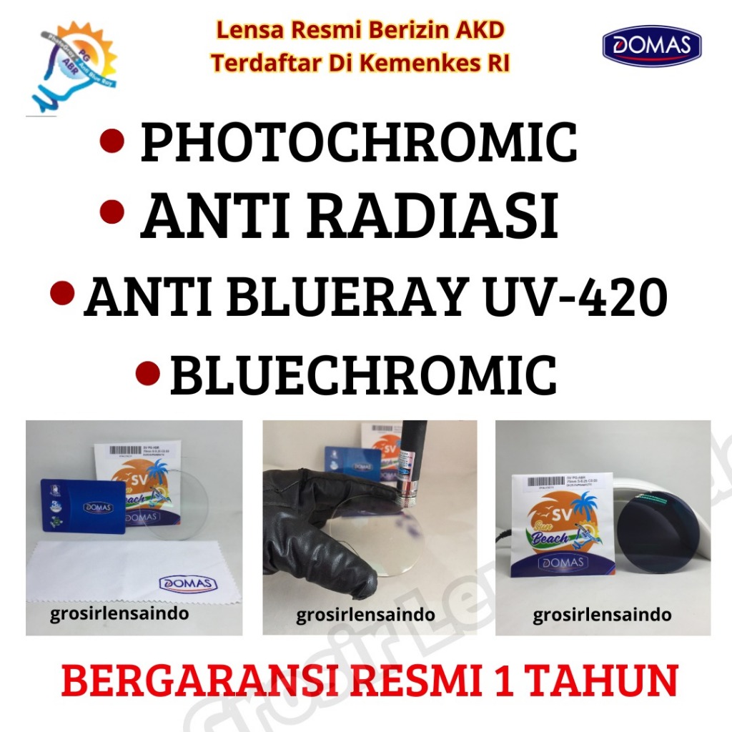 Lensa Kacamata Anti Blue Ray + Photochromic Sun Beach Domas | Auto Gelap | Anti Radiasi HP | Garansi