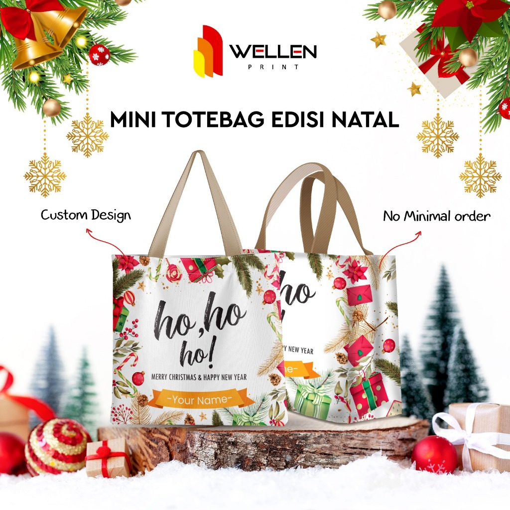 

WELLEN PRINT - Tas Souvenir Kanvas Desain Natal / Mini Tote Bag Print Custom Nama / Totebag Hampers Christmas