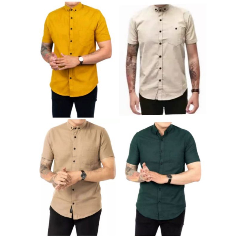 Kemeja Hem Polos Pria Lengan Pendek Warna Kuning Kunyit Cream Coksu Hijau Botol Baju Boyi Man Origin