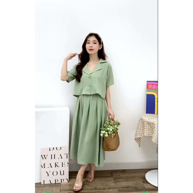 Giya Set Cringkle /Kemeja Crop Dan Rok Midi Stelan