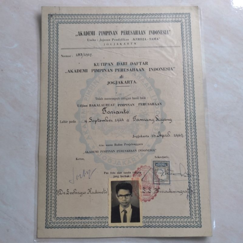 Koleksi Arsip Dok Kuno ASLI Idjazah Udjian Bakalaureat Tarianto 1967 - YN819