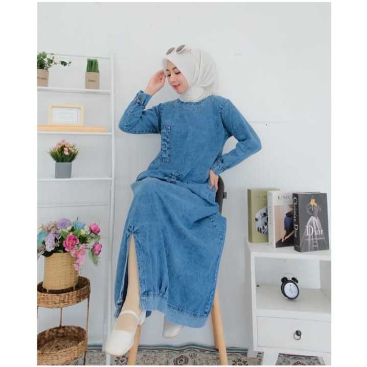 HUMAIRA STORIES - BRISKA MAXY Bahan Jeans Washing Gamis Wanita Dewasa Jumbo Trendy 2023 Gaun Kondang