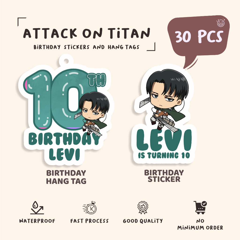 

(30pcs)label hang tag ulang tahun/anime/ ATTACK ON TITAN/lucu cetak hang tag ulang tahun/label stiker diecut/murah/label ulang tahun/suvemir ultah/stiker diecut/hangtag diecut