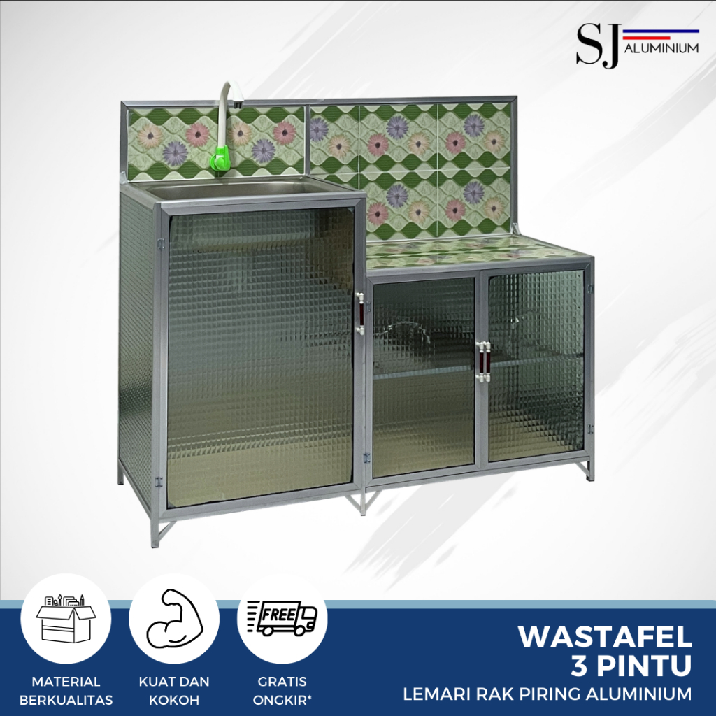 SJA - Rak Piring / Lemari Piring / Rak Dapur Kaca Aluminium - Wastafel 3 Pintu