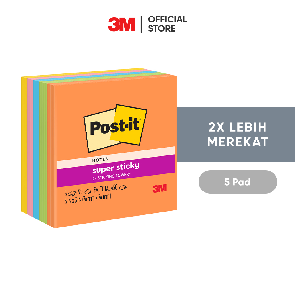 

3M™ Post-it® Super Sticky, Notes, 654-5SSAU, 2x Lebih merekat, 5 pad, 76x76 mm, Untuk berbgai permukan kertas