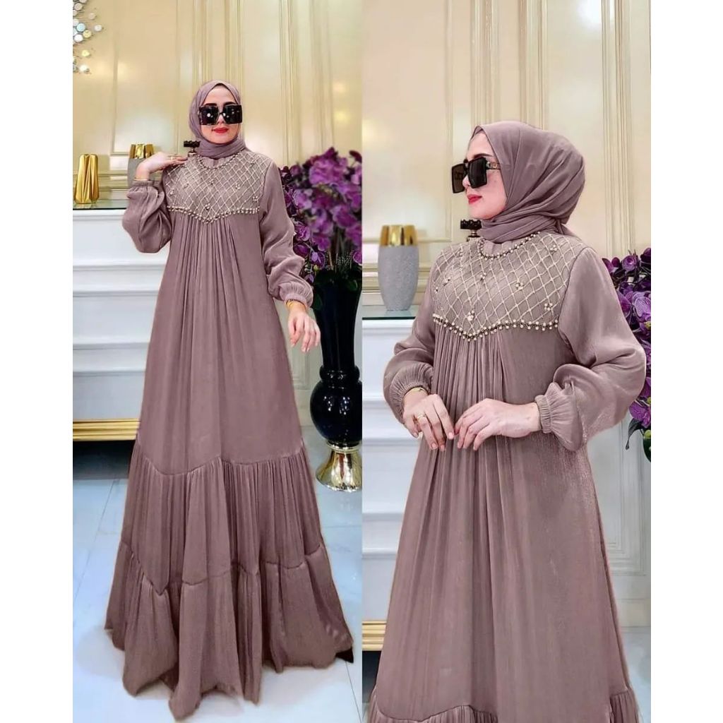 Rahila Dress / Gamis Muslim Wanita Matt Santorini / Dress Wanita Aplikasi Brukat Mix Payet Kekinian / Terlaris