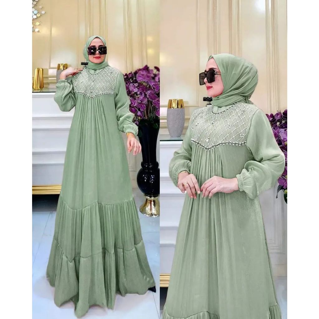 Rahila Dress / Gamis Muslim Wanita Matt Santorini / Dress Wanita Aplikasi Brukat Mix Payet Kekinian / Terlaris