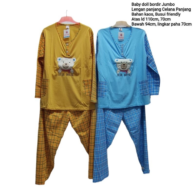 Baju tidur piyama baby doll bordir celana panjang lengan panjang jumbo