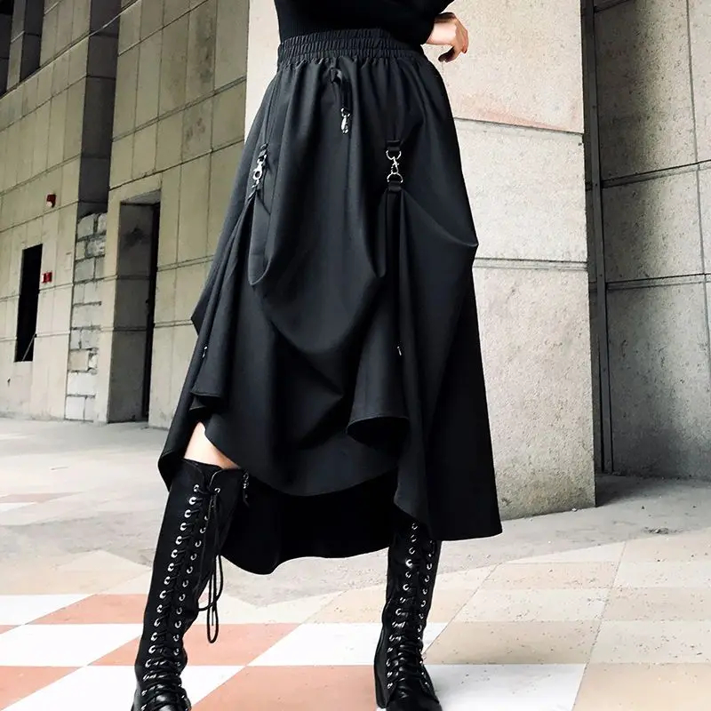 Punk Style Skirts High Waist Splicing Buckle Irregular Gothic Skirt Black Streetwear Freely Adjustab