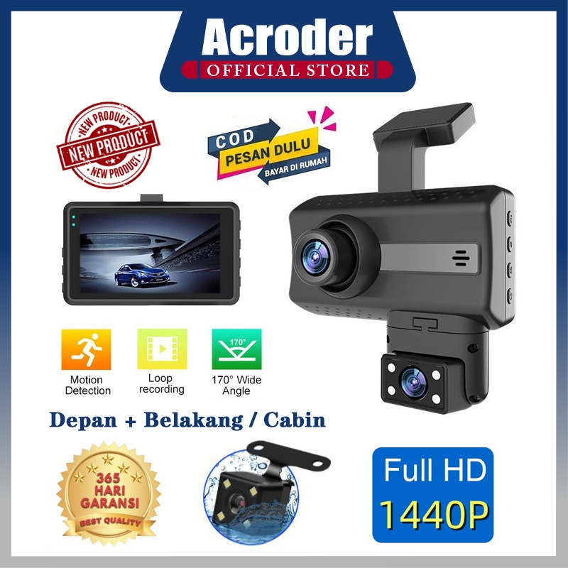 Foto Acroder Dashcam Mobil 1440P Dual Lens 3 Inch IPS Screen 24-hour Parking Monitoring Loop Recording