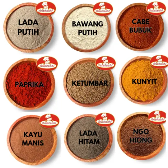 

aneka bumbu rempah 100 gram ,lada putih ,lada hitam,merica,ketumbar,jahe bubuk,cabe bubuk pedas,paprika bubuk,kunir bubuk