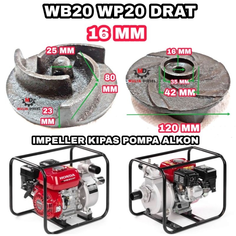 Kipas Impeller Pompa Air Irigasi WB20 WP20 DRAT 16MM HONDA WB 20 2 INCI