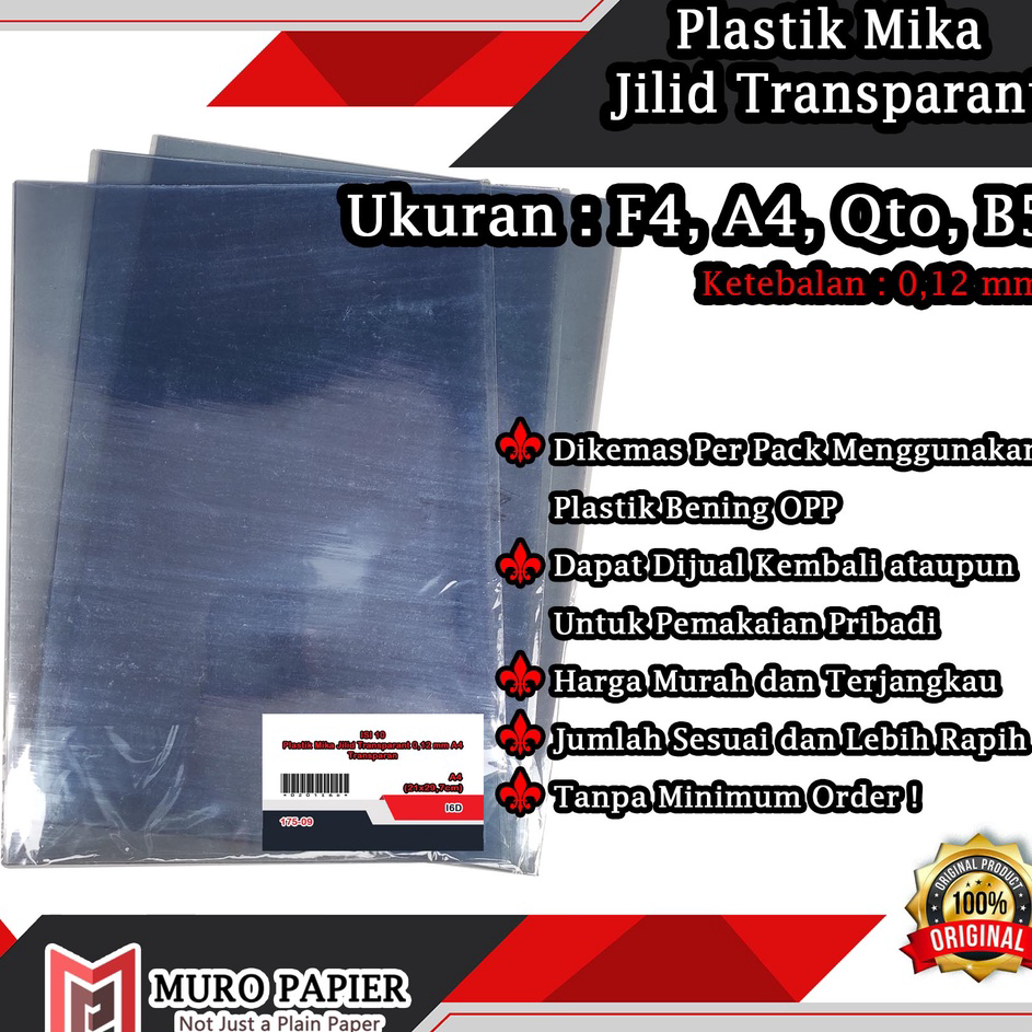 

➾❈❁ ( PER PAK - ISI 10 ) Plastik Mika Jilid Transparant 0,12 mm A4 F4 Qto B5 - by Muro Papier