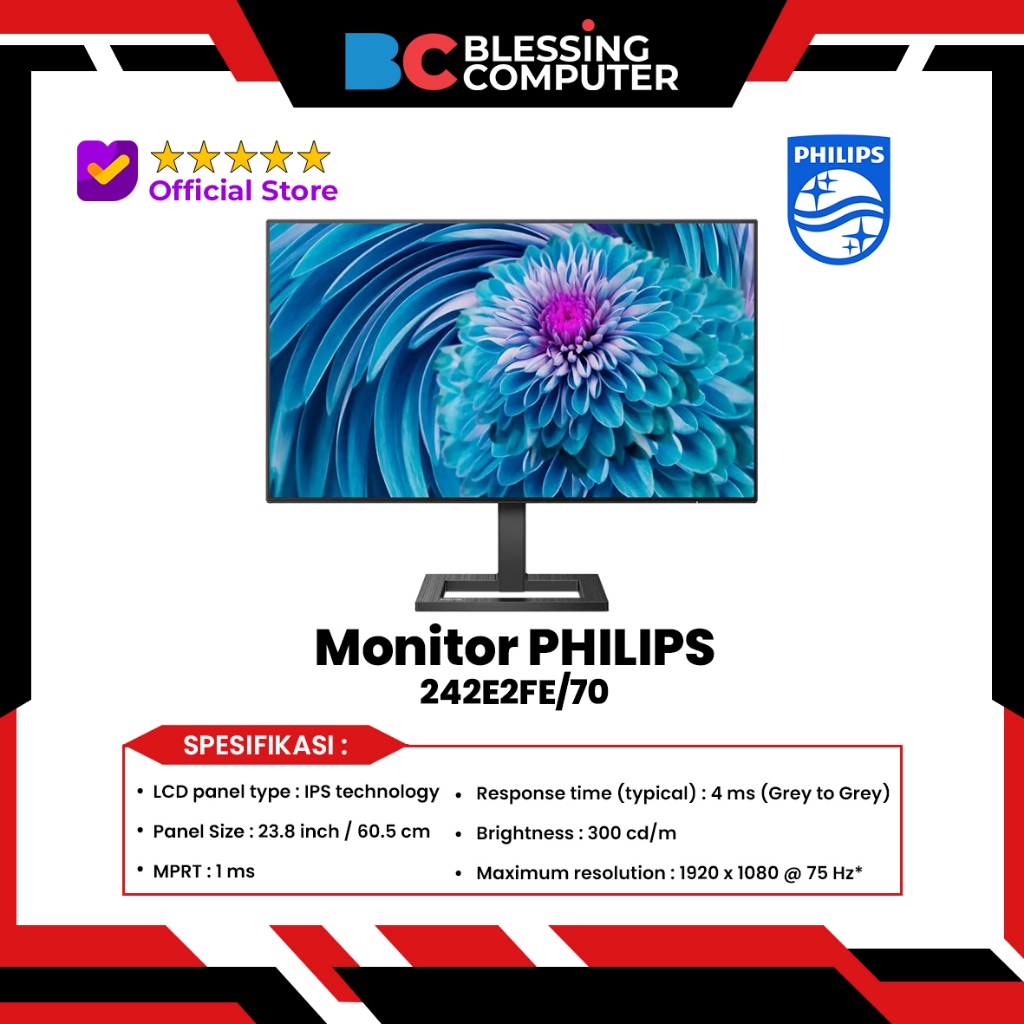 Monitor Philips 242E2FE 75hz 1Ms FHD IPS / Philips 242E2FE/70
