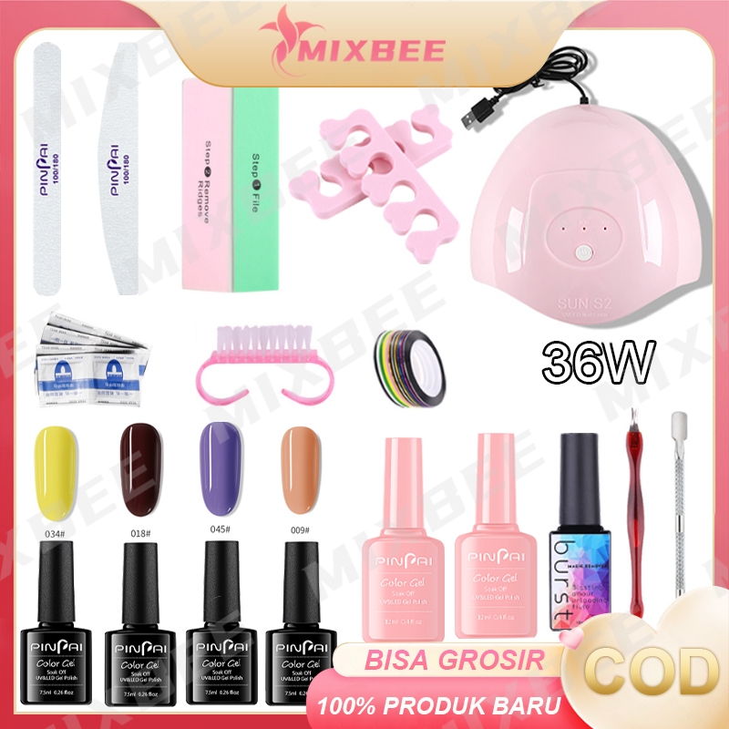 Set Peralatan Manikur Seni Kuku Set Kutek Gel Lampu Kuku UV 36W 4 Warna Cat Kuku Gel