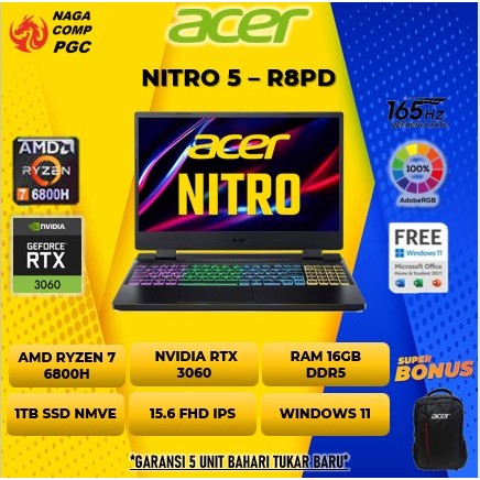 LAPTOP ACER NITRO 5 RTX3060 RYZEN 7 6800H 16GB 1TB SSD 15,6 FHD IPS