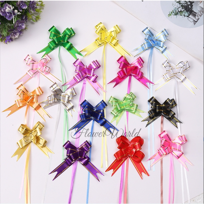 [FlowerWorld]Pita Tarik Ukuran Bunga 8.5cm Lis Emas Serut Besar Hiasan Parcel Souvenir Pull Flower Ribbon Ukuran Pita1.4x26cm Gold Stripes / Pita Kado Bahan Plastik / Dekorasi Kado Pita Hias / Pita Bucket Bunga