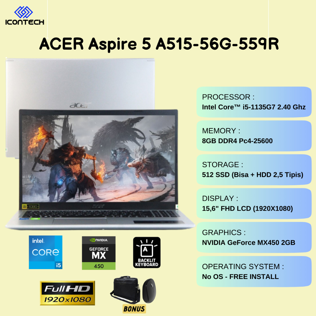 ACER Aspire5 A515-56G-559R | i5-1135G7 | RAM 8GB | 512SSD | MX450 2GB
