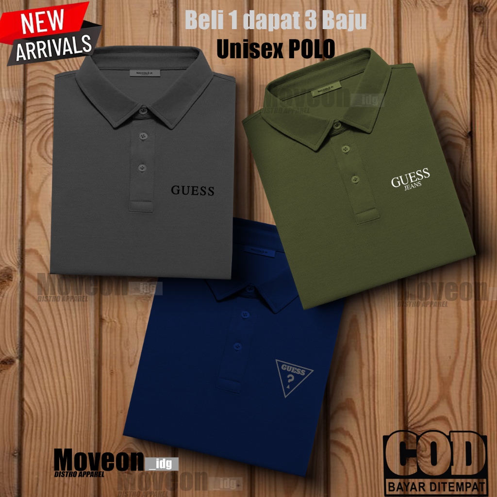 BUY 1 GET 3  Baju Kaos Polo Pria / Tshirt Distro Logo Guess / Baju Kaos Pria &amp; Wanita Lacoste Pique Premium